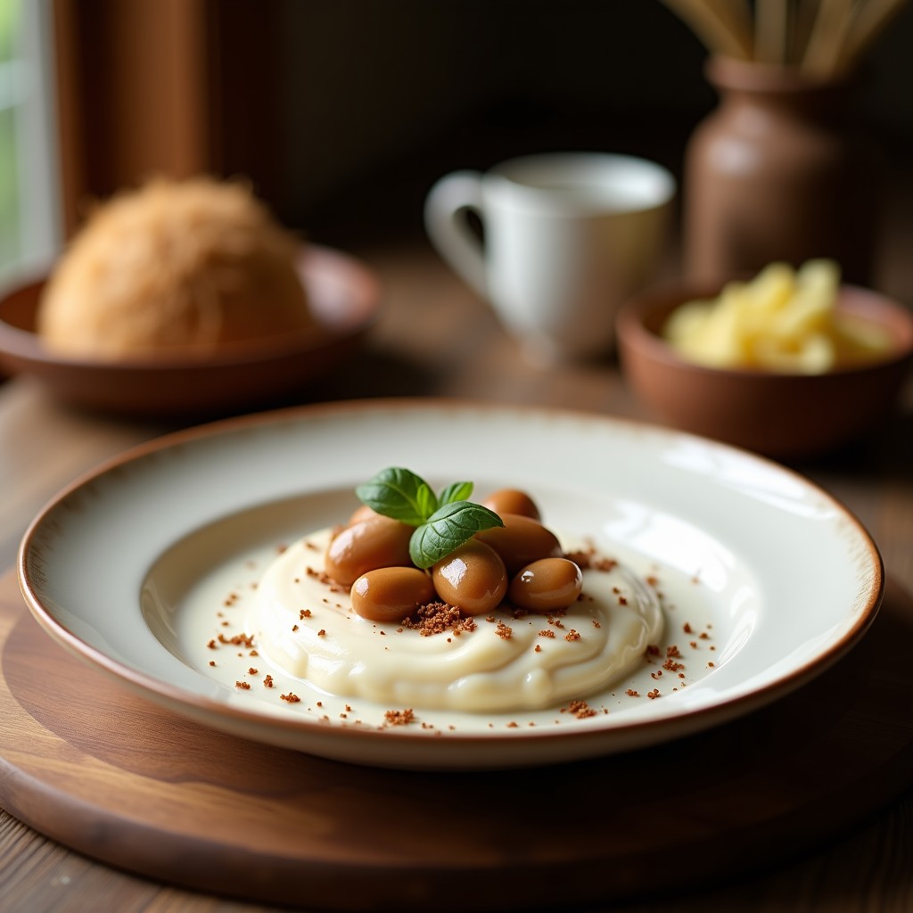 Cuenco de cerámica blanca con crema de castañas y coco vegana, espolvoreada con perejil fresco, sobre fondo rústico de madera con castañas y hojas de coco.
