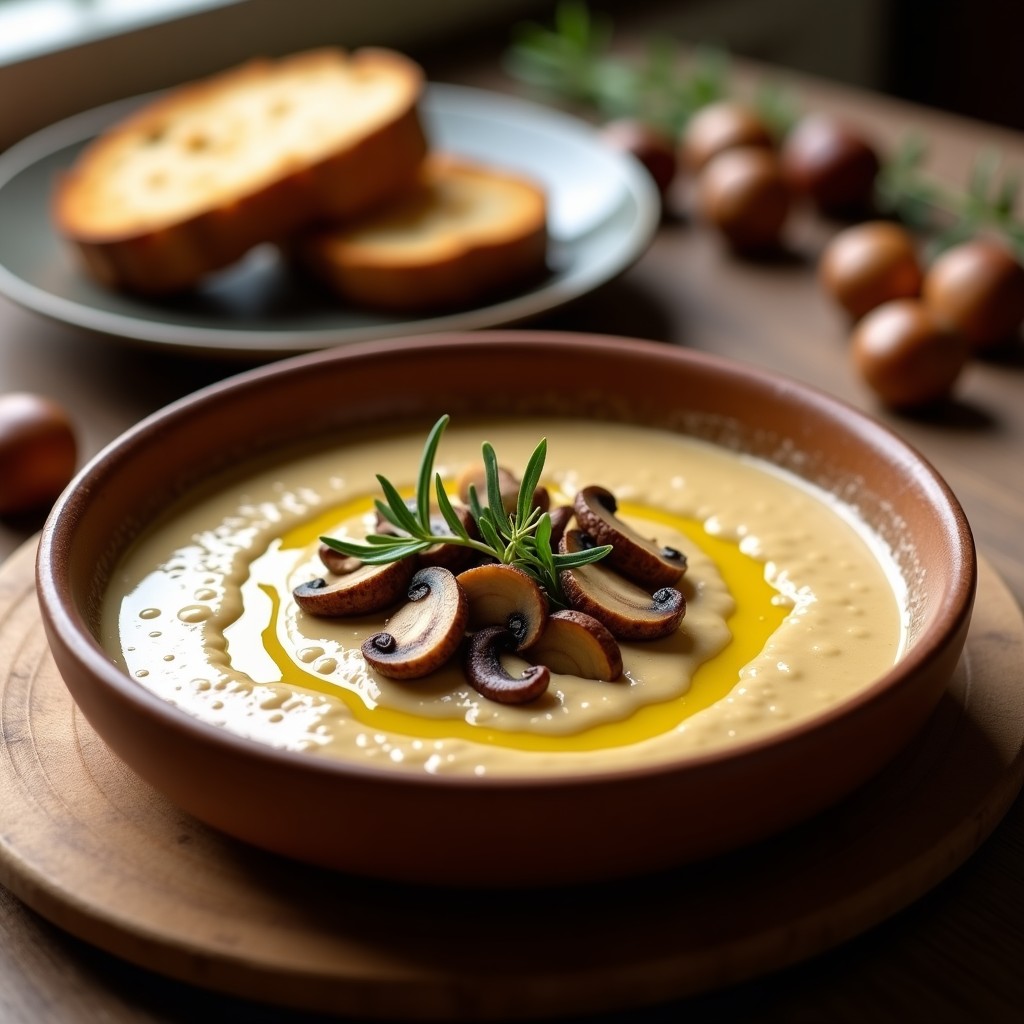 Plato hondo de barro con crema de castañas y champiñones espesa, de color beige dorado, decorada con láminas de champiñón salteado, un hilo de aceite de oliva y romero fresco. Fondo rústico con pan de centeno tostado y castañas asadas.