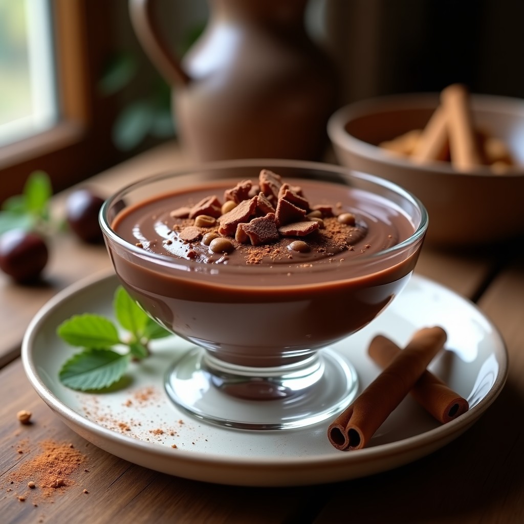Copa de cristal transparente con crema de castañas y chocolate negro vegana, decorada con virutas de chocolate y canela en polvo, sobre fondo rústico de madera.