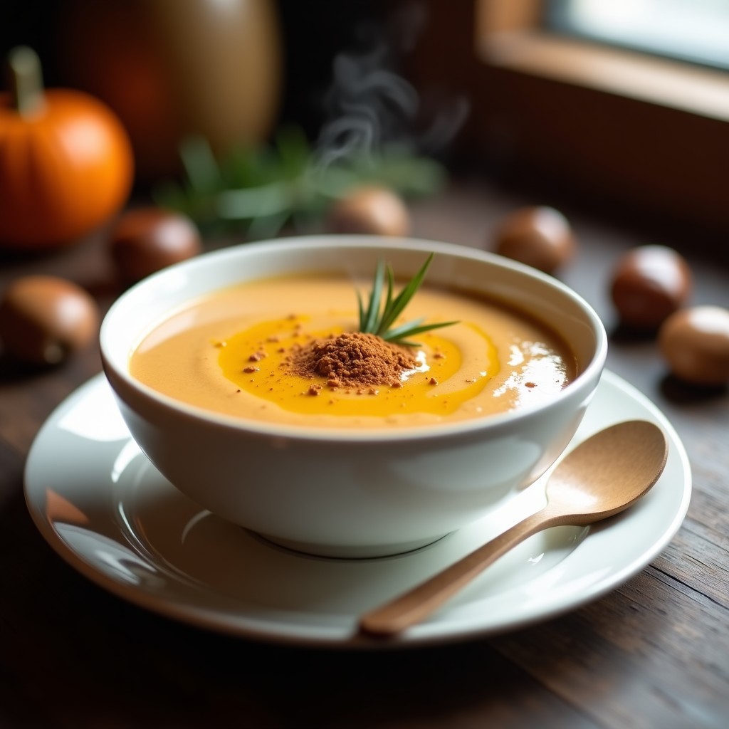 Cuenco de cerámica blanca con crema de castañas humeante, decorada con un hilo de aceite de oliva y una pizca de pumpkin spice, sobre fondo rústico de madera.