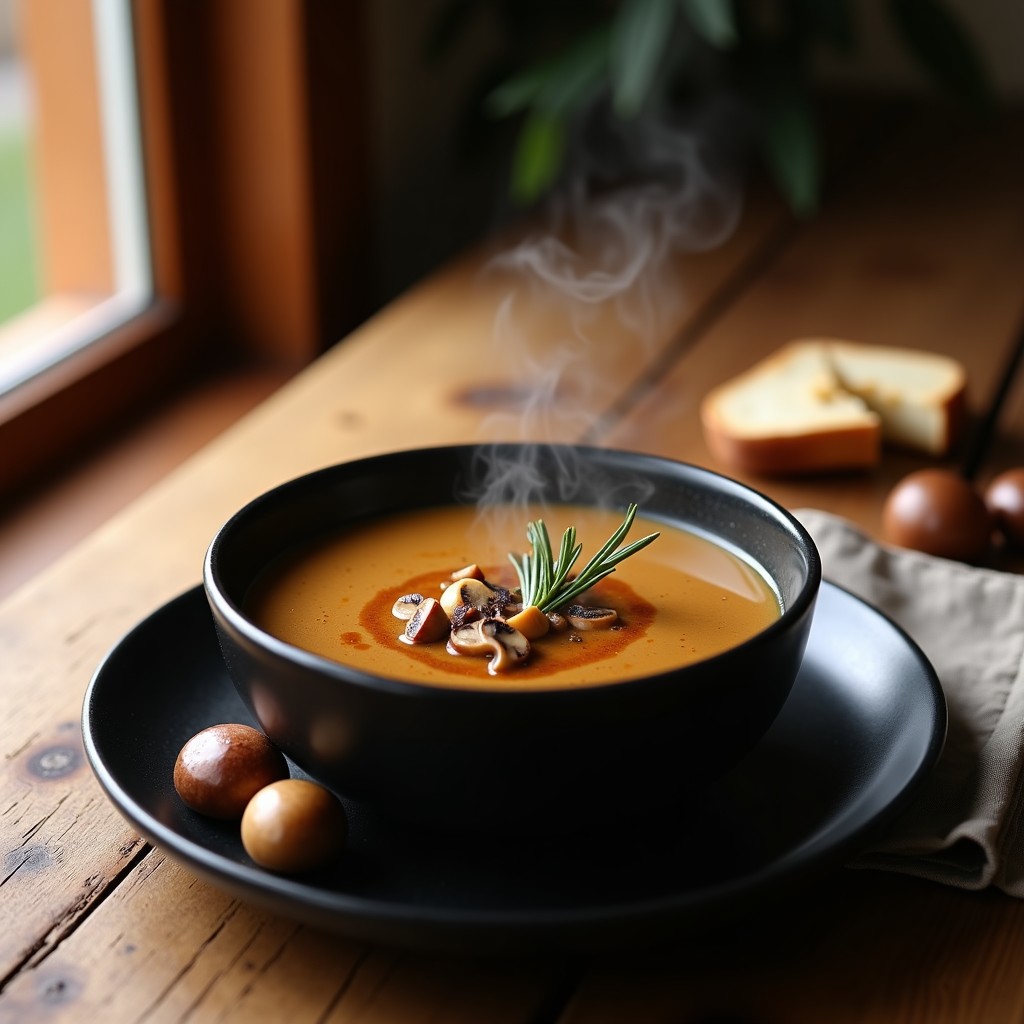 Cuenco de cerámica negra con crema de castañas y setas humeante, decorada con aceite de trufa y romero fresco, sobre fondo rústico de madera.