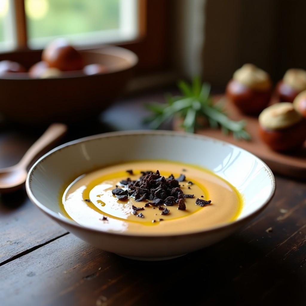 Plato hondo blanco con crema de castañas espesa y brillante, coronada con virutas de trufa negra y un hilo de aceite de oliva. Fondos borrosos de hojas de romero y castañas enteras.