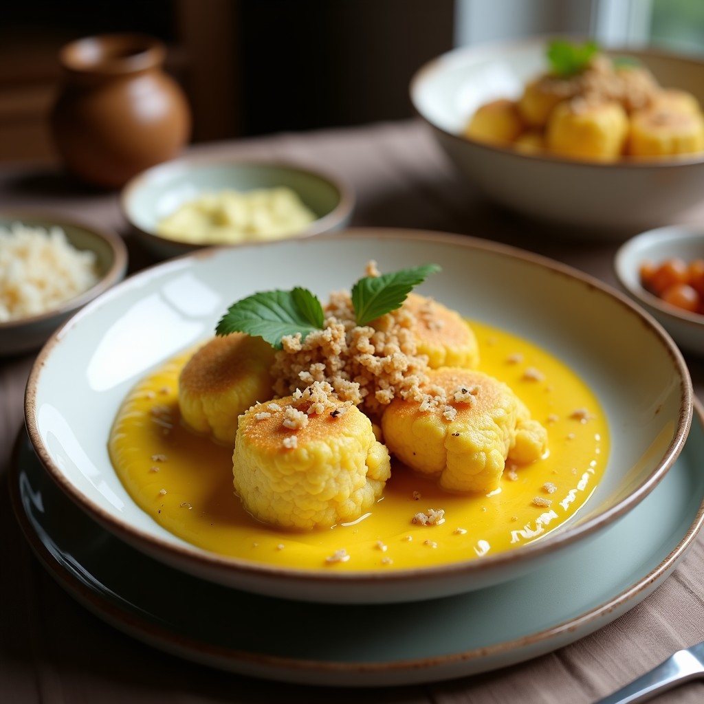 Cuenco blanco con crema de cauliflower y cúrcuma de color dorado intenso, decorada con crujiente de coco tostado y semillas de sésamo. Acompañada de cilantro fresco y rodaja de limón, sobre fondo rústico de madera.