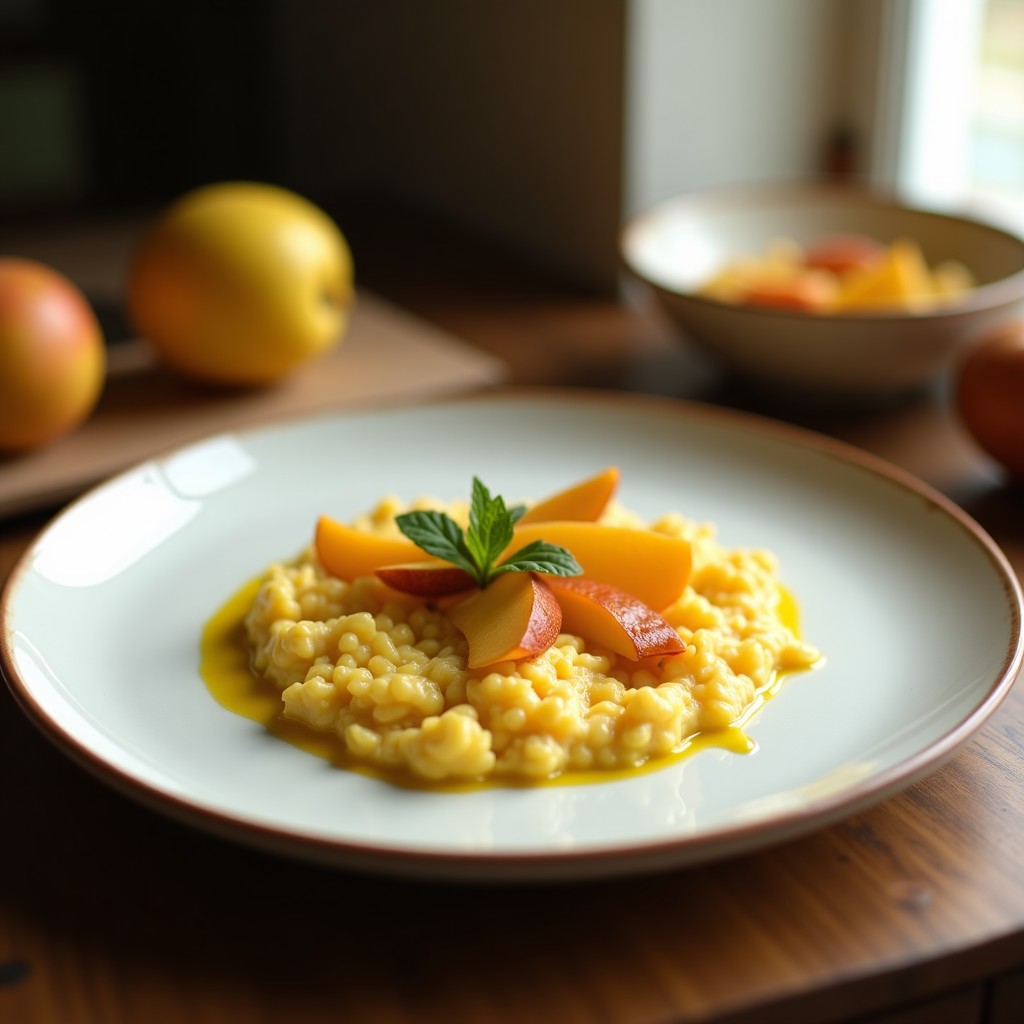 Crema de chirivía y manzana vegana con crujiente de avellana y curry en un tazón de cerámica, lista para servir