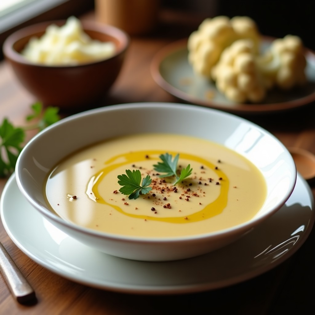 Cuenco blanco con crema de coliflor ahumada, textura sedosa y color crema, decorada con perejil fresco y un hilo de aceite de oliva, sobre fondo rústico de madera.