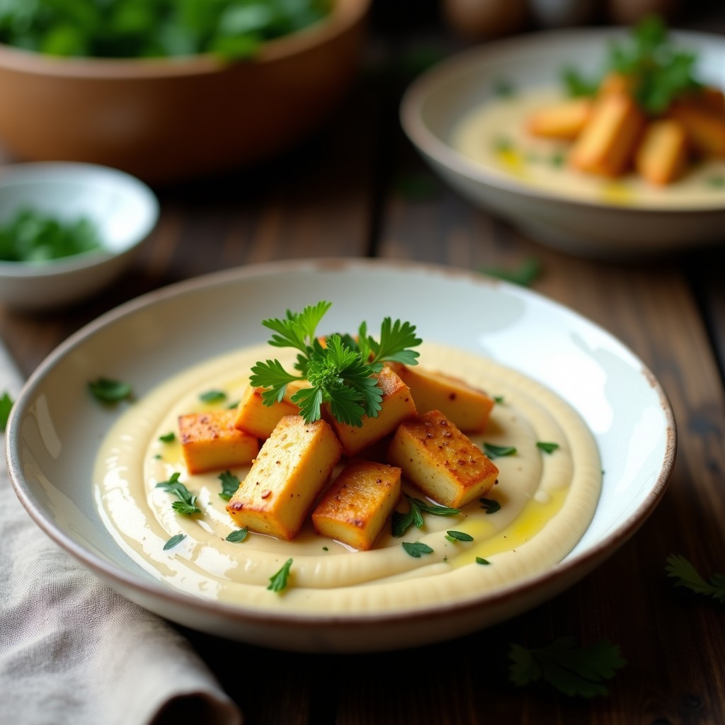 Cuenco de cerámica blanca con crema de coliflor ahumada de color beige, coronada con cubos dorados de tofu y perejil fresco. Plato vegano alto en proteína con toque umami y pimentón ahumado.