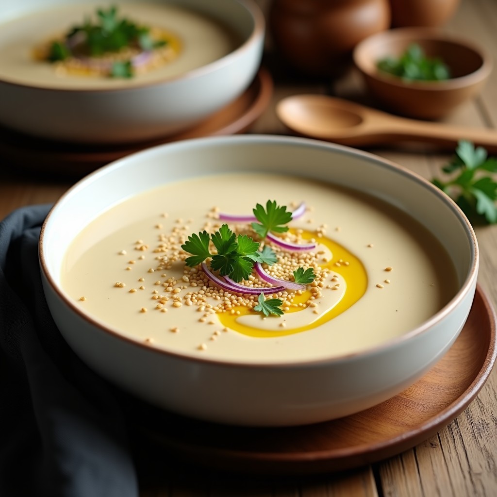 Bowl blanco con crema de coliflor suave y brillante, espolvoreada con ajonjolí tostado y cilantro fresco, acompañada de una cucharada de aceite de sésamo y rodajas de cebolla morada, receta asiática cremosa.