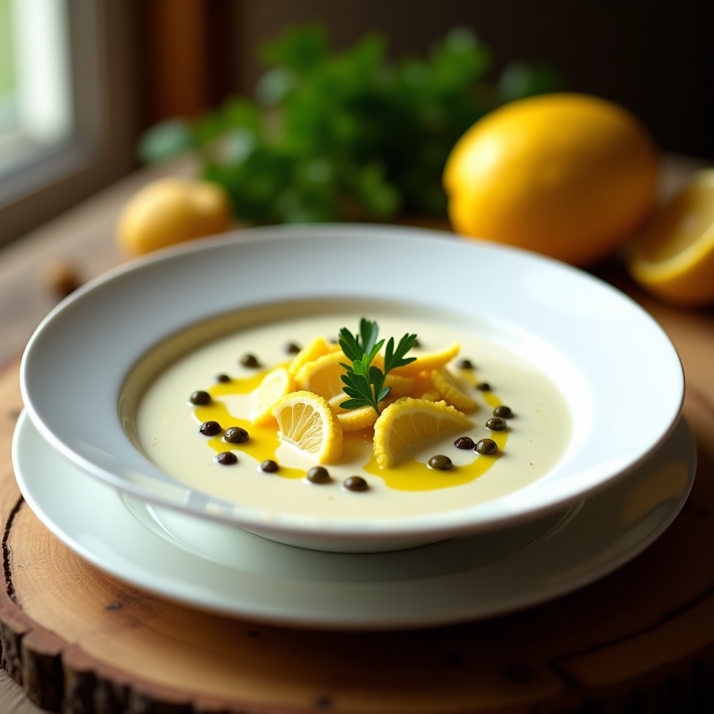 Cuenco blanco con crema de coliflor y alcaparras de color beige dorado, decorada con virutas de limón confitado amarillo pálido y perejil fresco verde. Plato de entrante keto en Thermomix con textura sedosa y presentación elegante sobre fondo rústico de madera.