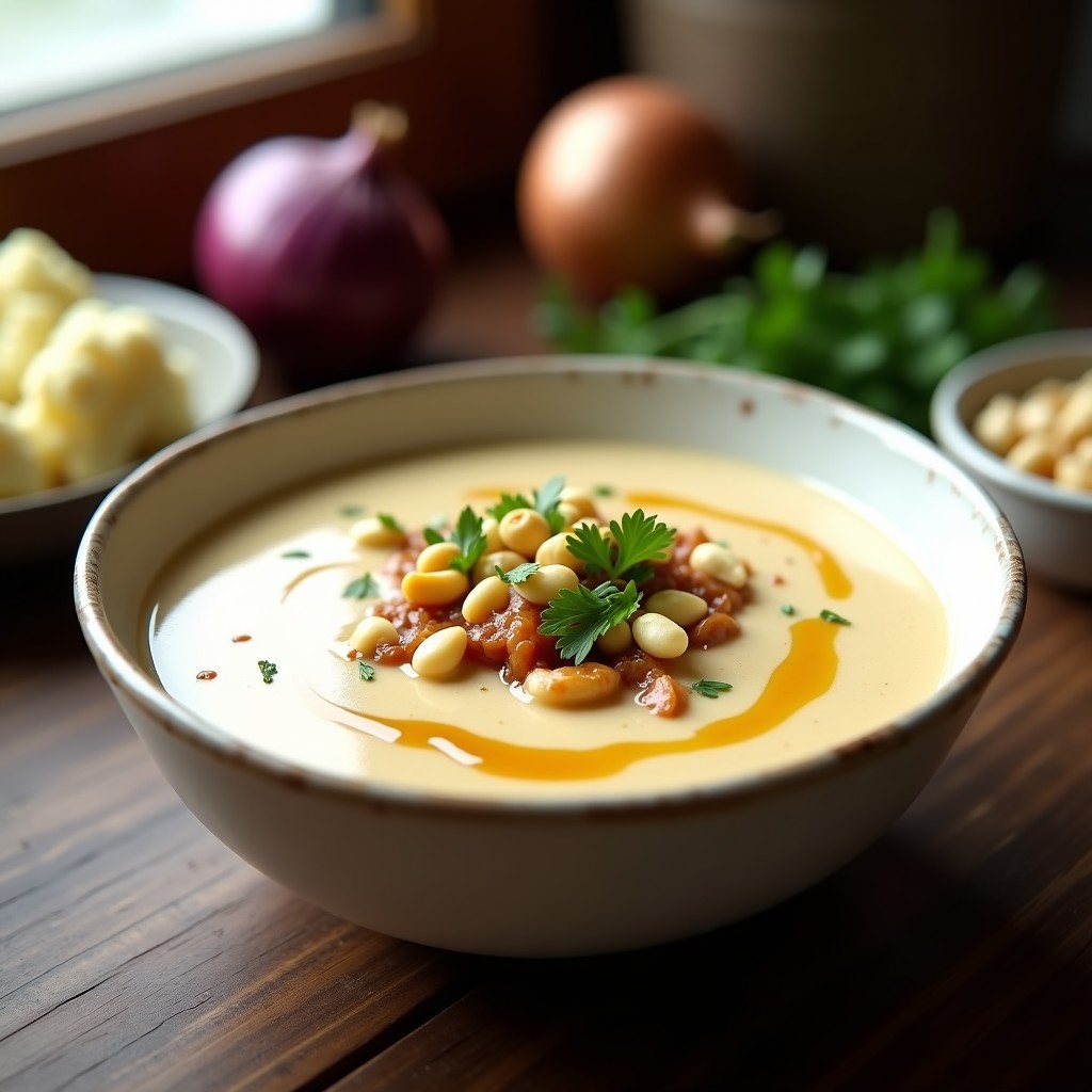 Cuenco hondo de cerámica blanca con crema de coliflor y cebolla caramelizada vegana, decorada con anacardos tostados, perejil fresco y un hilo de aceite de oliva virgen extra. Plato elegante sobre fondo rústico de madera.