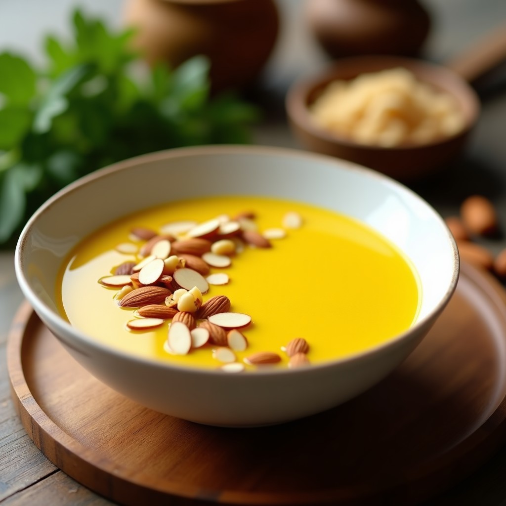 Cuenco blanco con crema de coliflor y cúrcuma de color dorado, decorada con virutas de almendra tostadas y un hilo de aceite de oliva. Plato detox en Thermomix con fondo rústico.