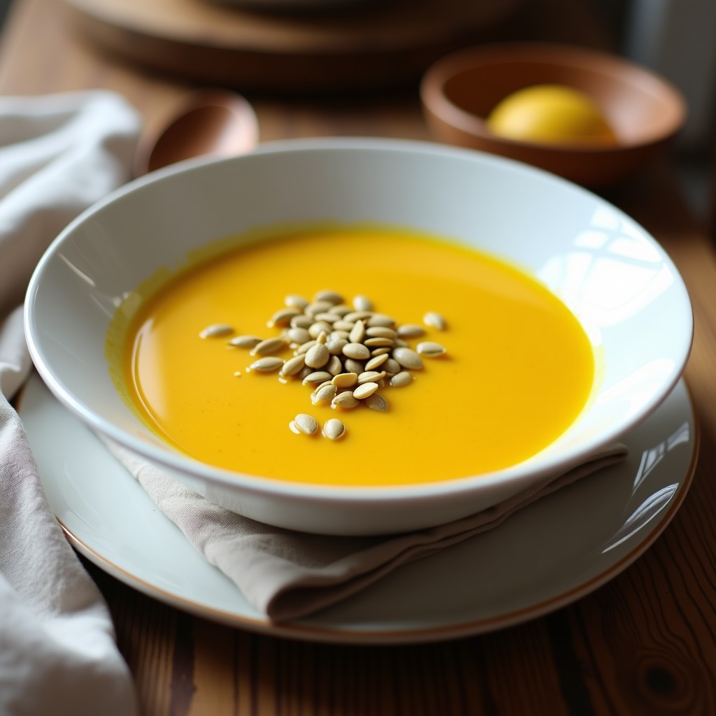 Cuenco blanco de cerámica con crema de coliflor y cúrcuma de color dorado, decorada con semillas de calabaza y un hilo de aceite de oliva. Receta detox en Thermomix.