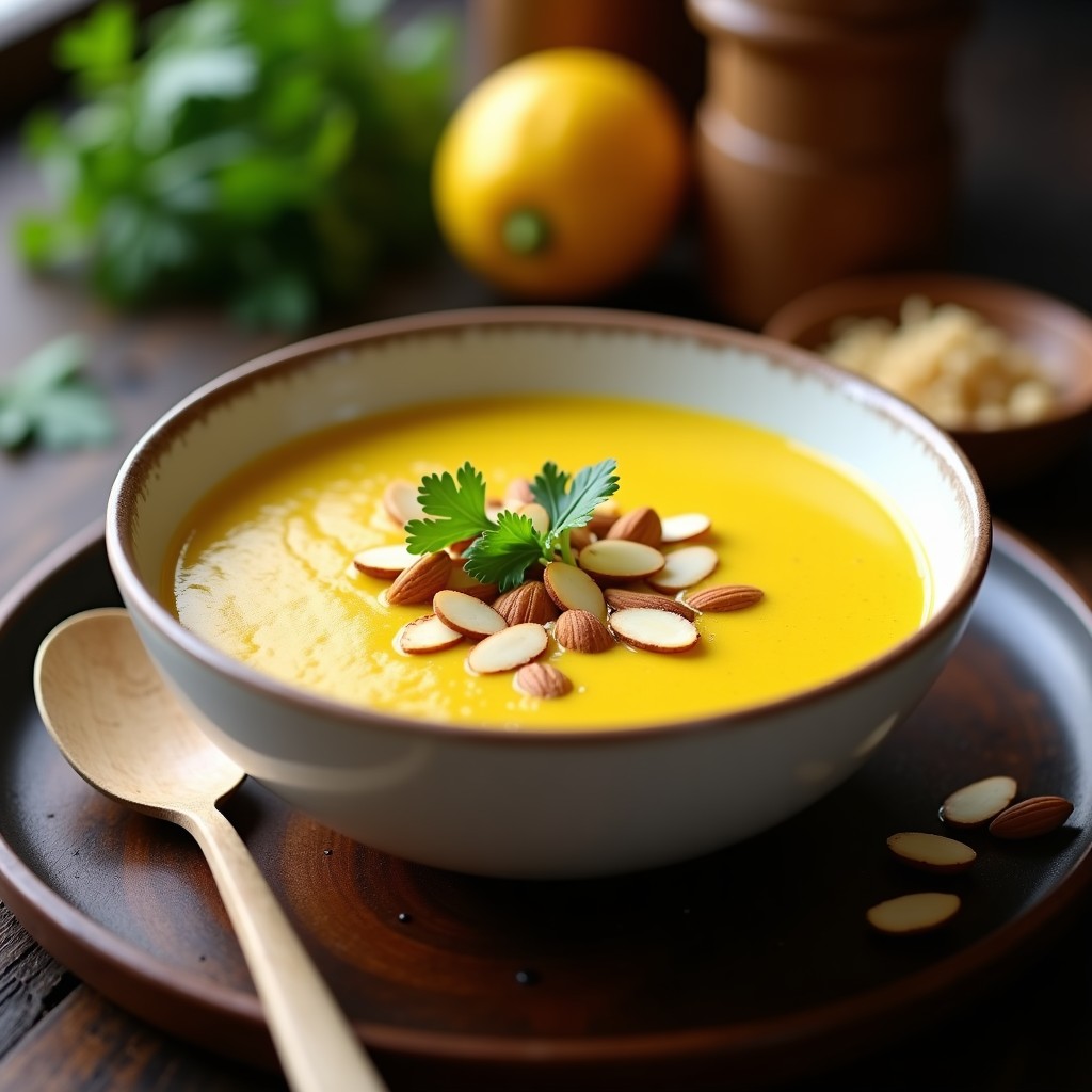 Crema de coliflor y cúrcuma de color dorado intenso servida en cuenco de cerámica blanca, con crujiente de almendras tostadas espolvoreado, cilantro fresco y hilo de aceite de oliva. Plato ayurvédico en Thermomix, textura ultracremosa y presentación gourmet.