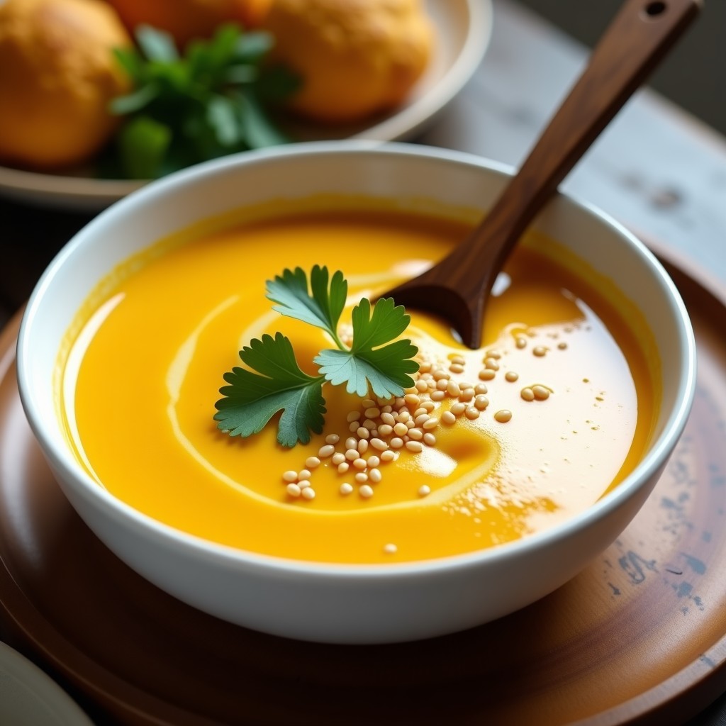 Cuenco blanco con crema de coliflor con curry, textura sedosa y color dorado, decorada con cilantro fresco y semillas de sésamo, servida con cuchara de madera sobre fondo rústico.