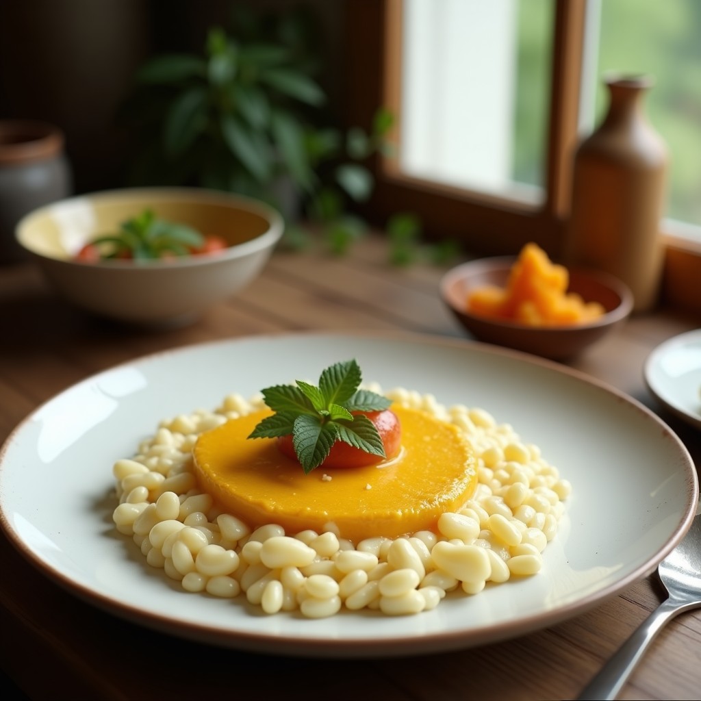 Crema de coliflor y puerro vegana con crujiente de almendra y curry en un tazón blanco, lista para ser servida