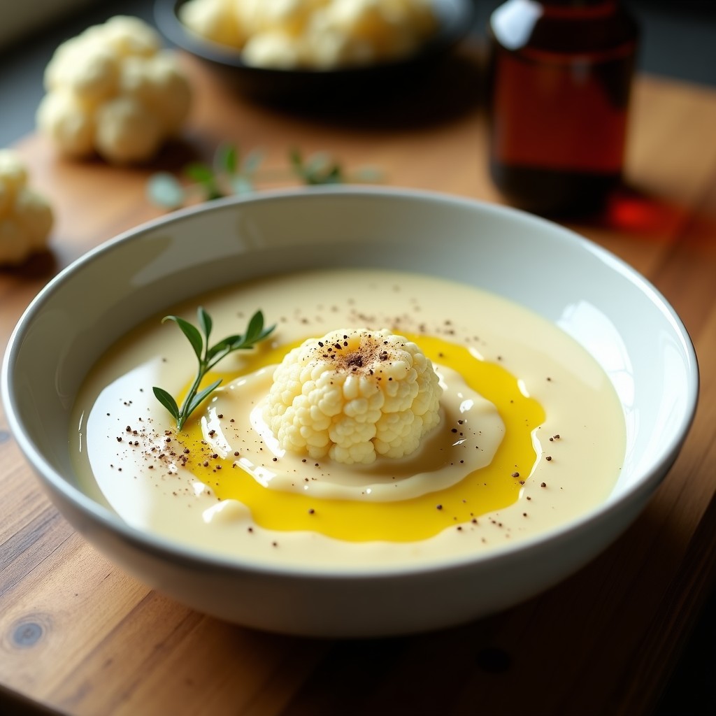 Crema de coliflor con trufa en airfryer, servida en cuenco blanco con hilo de aceite de trufa y virutas de parmesano, fondo rústico.