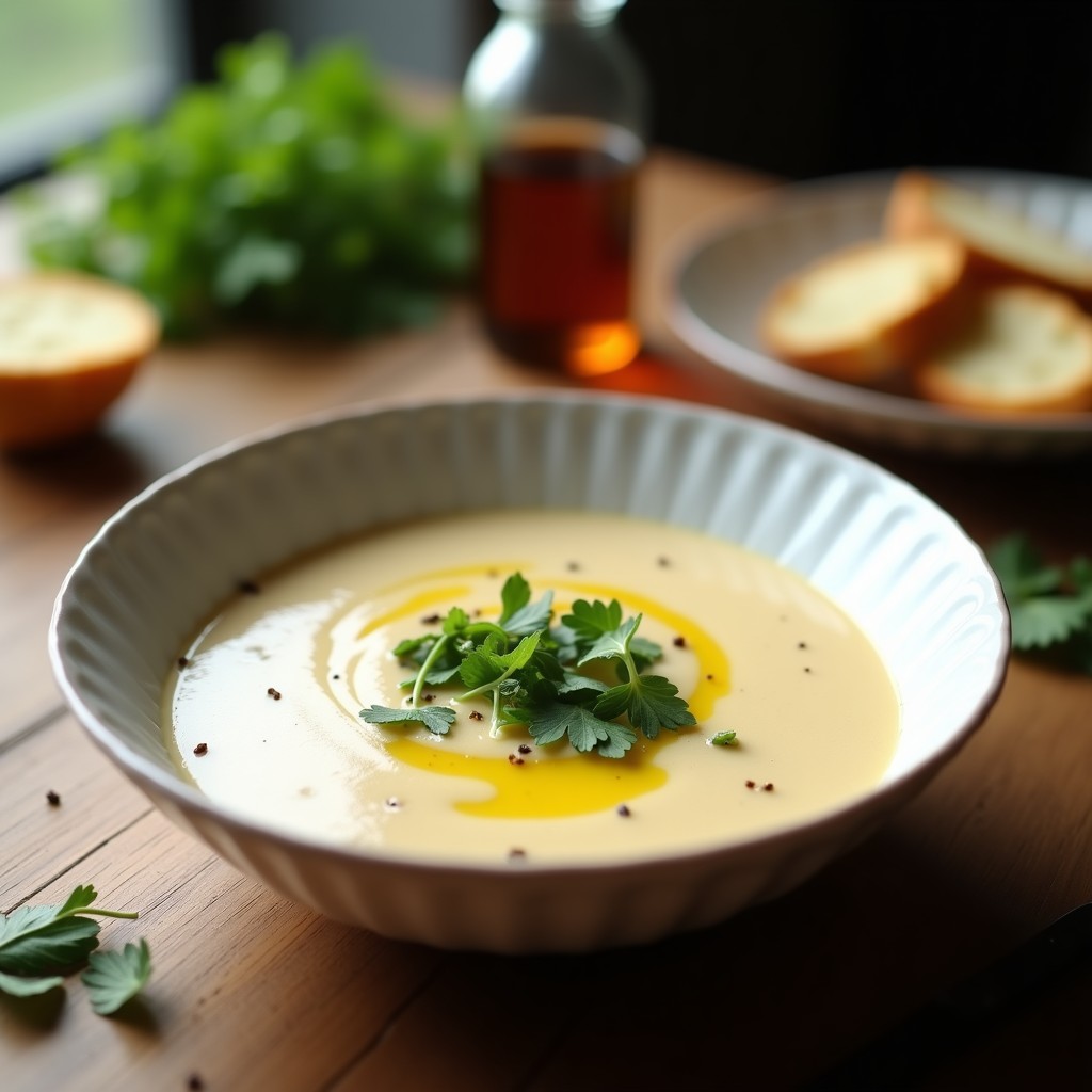 Cuenco blanco hondo con crema de coliflor vegana de color marfil, decorada con perejil fresco y un hilo de aceite de trufa negra, sobre fondo rústico de madera.
