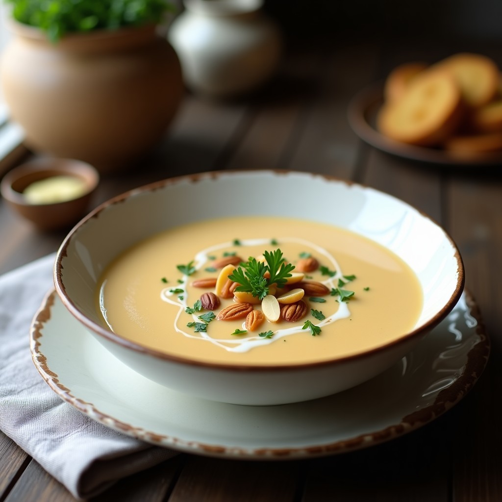 Cuenco hondo de cerámica blanca con crema de coliflor al turrón vegana, decorada con perejil fresco y almendras fileteadas tostadas, sobre un mantel de lino gris.