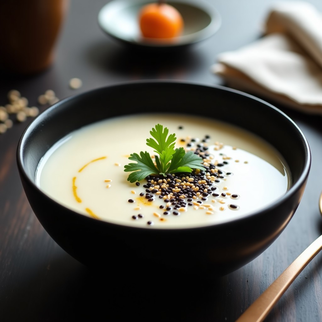 Cuenco hondo de cerámica negra con crema de coliflor y úmeboshi de color blanco cremoso, decorada con crujiente de semillas de sésamo negro y blanco, cilantro fresco y un hilo de aceite de sésamo tostado. Fondo minimalista con elementos japoneses como un trozo de úmeboshi y semillas de sésamo esparcidas.