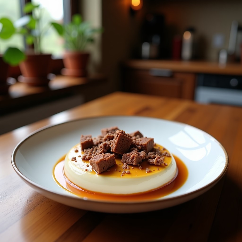 Cuenco de cerámica blanca con crema de boniato y cacahuete vegana, textura sedosa y color naranja intenso, decorada con leche de coco, cacahuetes picados y cilantro fresco. Plato reconfortante y alto en proteína.
