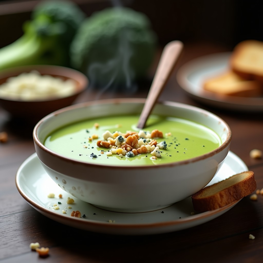 Cuenco hondo de cerámica blanca con crema de brócoli espesa de color verde vibrante, decorada con queso azul desmenuzado y nueces picadas, servida con una cuchara de madera y pan integral tostado al lado.