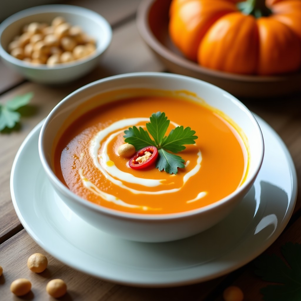 Cuenco blanco con crema de calabaza y cacahuete de color naranja intenso, decorada con hojas de cilantro fresco y rodajas de chile rojo, sobre fondo rústico de madera.