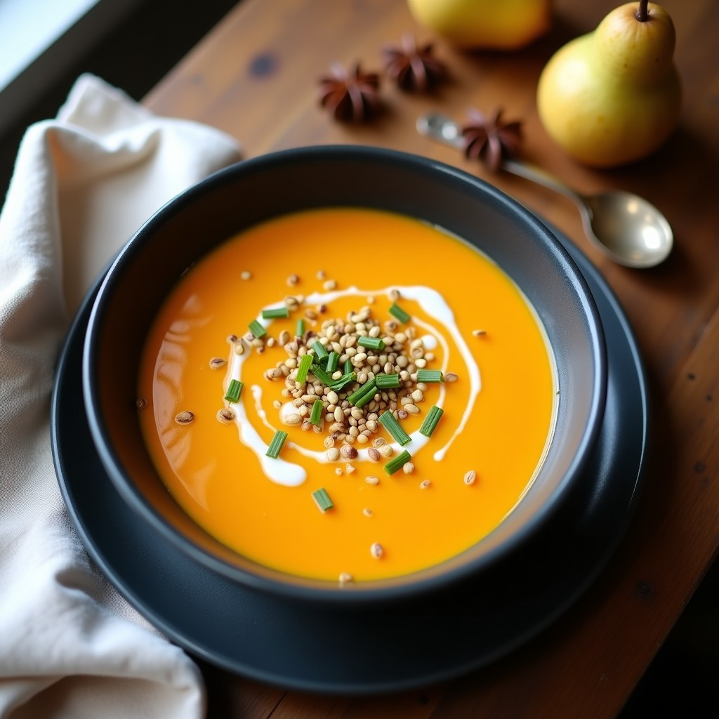 Crema de Calabaza y Pera Asada con Crujiente de Semillas y Jengibre: Receta Cremosa, Vegana y Fácil en 45 Minutos