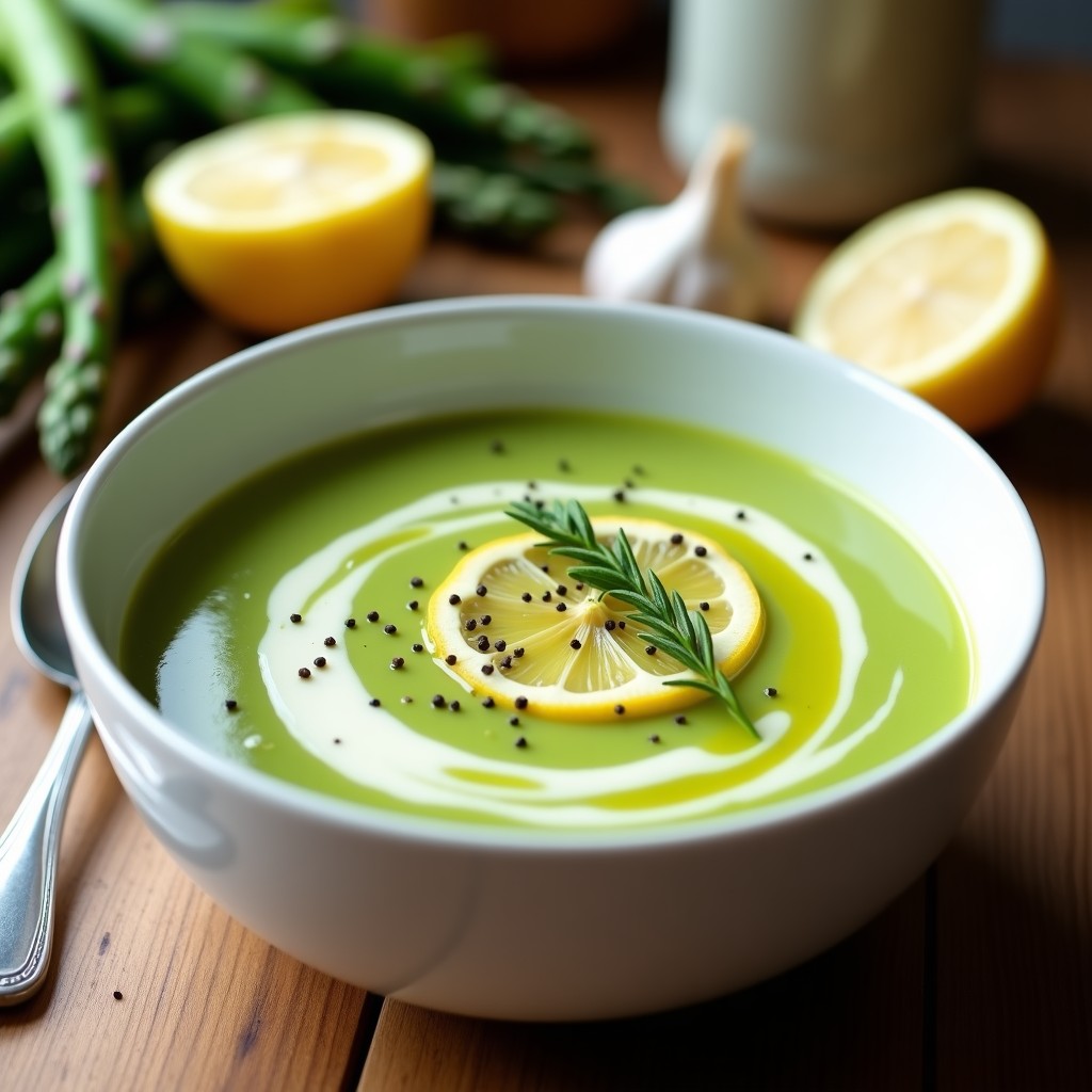 Cuenco blanco con crema de espárragos y ajos tiernos en Thermomix, textura sedosa y color verde vibrante, decorada con hilo de aceite de oliva y rodaja de limón sobre fondo rústico de madera.