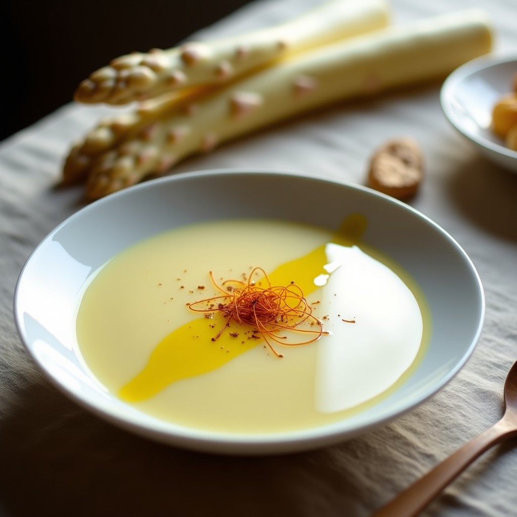 Cuenco de porcelana blanca con crema fría de espárragos blancos y azafrán, decorada con hebras de azafrán y un hilo de aceite de oliva virgen extra. Fondo con mantel rústico y espárragos blancos enteros como adorno. Receta española en Thermomix sin cocción.