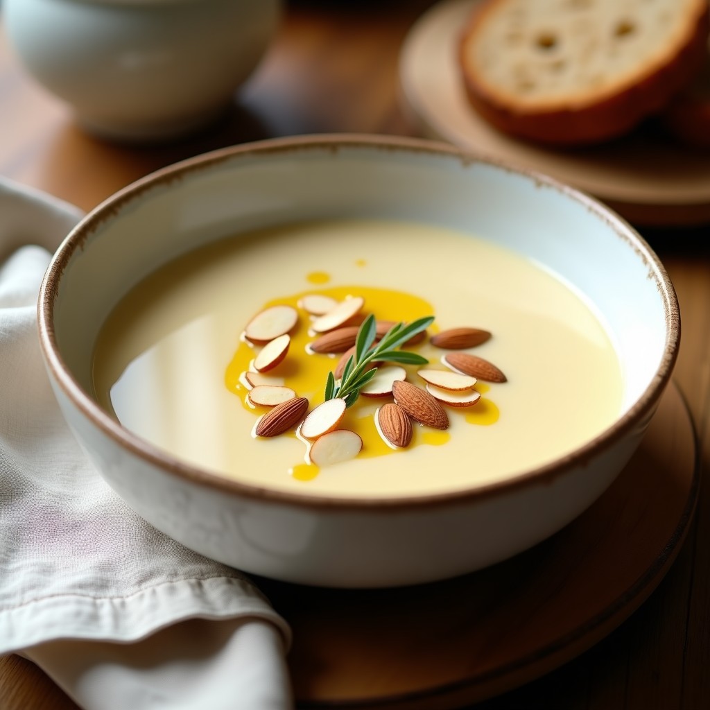 Cuenco hondo de cerámica blanca con crema de espárragos blancos y almendras sin lactosa, de color beige claro y textura sedosa, decorada con almendras tostadas laminadas y un hilo de aceite de almendras. Fondo rústico con servilleta de lino y una rebanada de pan integral.