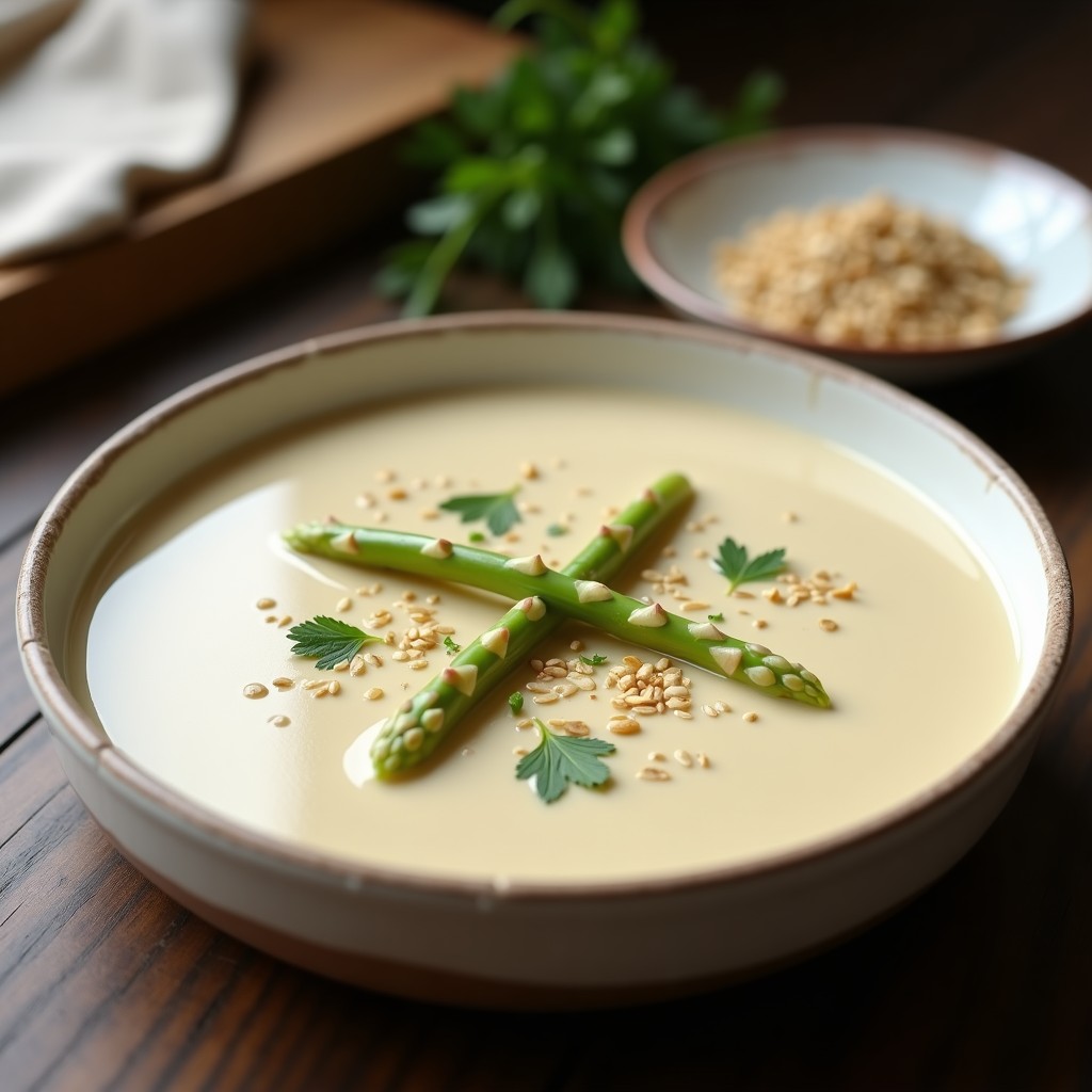 Cuenco de cerámica blanca con crema de espárragos blancos y avenas, textura sedosa y color crema claro, decorada con nueces de Brasil tostadas picadas y un hilo de aceite de sésamo. Fondo con servilleta de lino beige y cuchara de madera. Receta Thermomix sin lactosa y reconfortante.