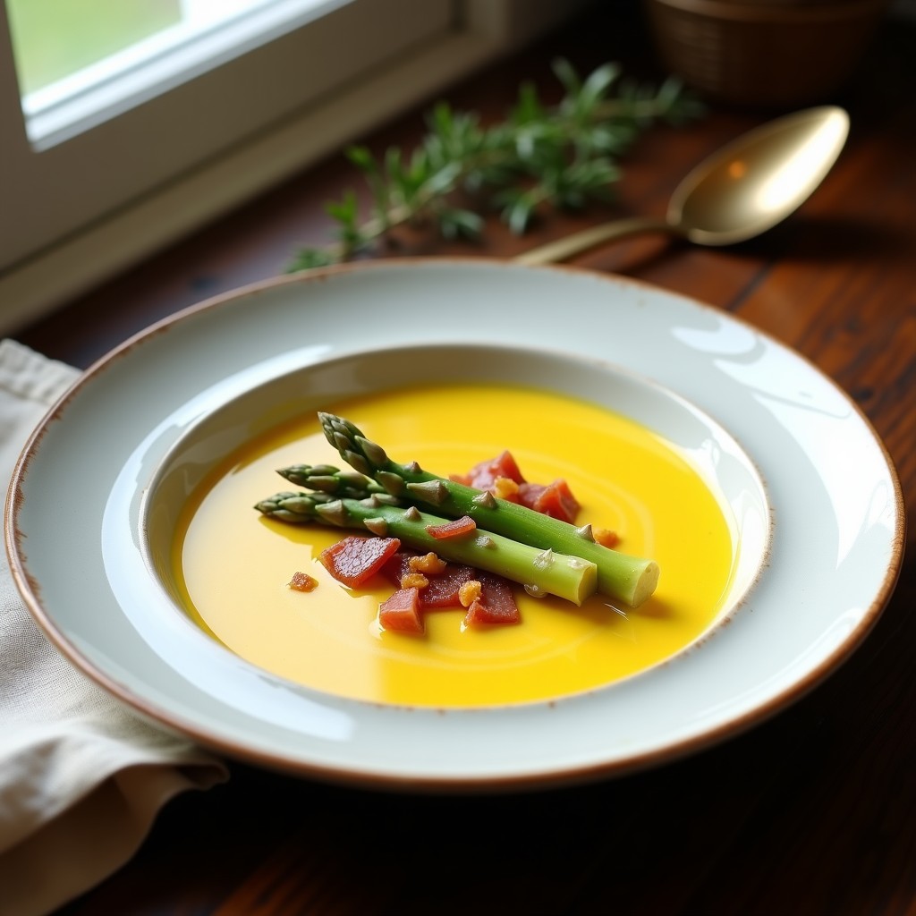Crema de Espárragos Blancos y Azafrán con Jamón Crujiente: Receta Francesa en Olla Exprés