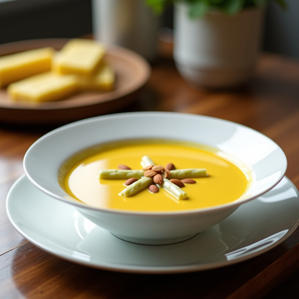 Cuenco blanco de porcelana con crema de espárragos blancos y azafrán, decorada con puntas de espárragos, almendras fileteadas doradas y un hilo de aceite de oliva virgen extra. Fondo borroso con textura de madera rústica y luz natural suave.