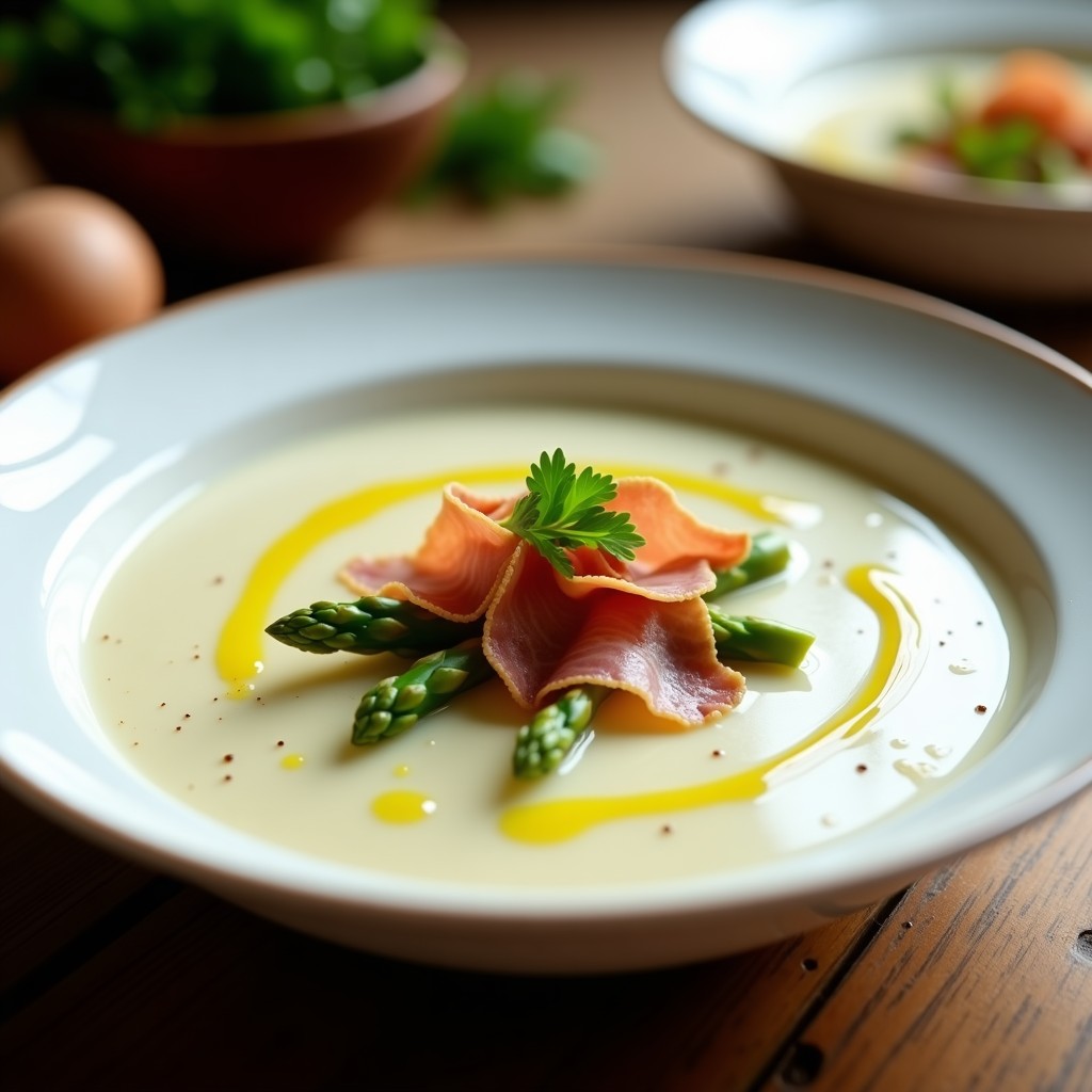 Plato hondo de porcelana blanca con crema de espárragos blancos de textura sedosa, puntas de espárrago al vapor en el centro y virutas de jamón serrano dorado espolvoreadas por encima. Fondos de aceite de oliva virgen extra y perejil fresco picado.