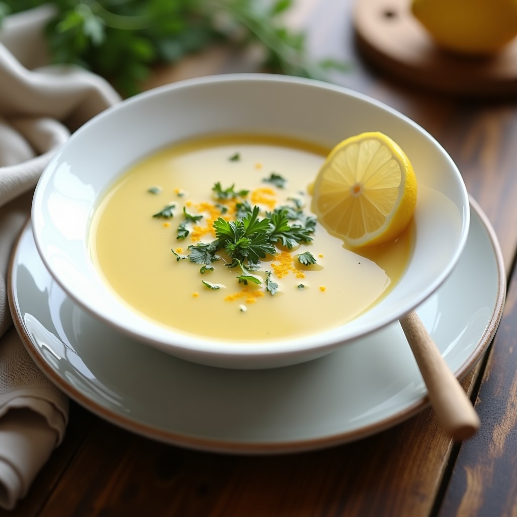 Plato hondo de porcelana blanca con crema de espárragos blancos de color crema dorado, decorada con hinojo fresco picado, perejil y una rodaja de limón al lado. Fondo rústico con servilleta de lino y cuchara de madera.