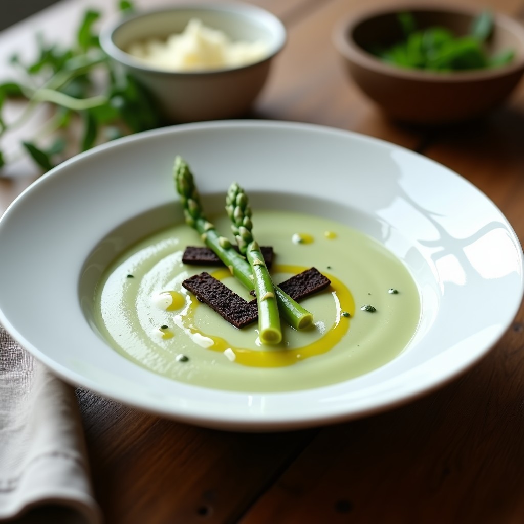 Cuenco blanco de porcelana con crema de espárragos blancos con trufa, decorada con láminas de trufa negra y un hilo de aceite de trufa sobre fondo rústico.
