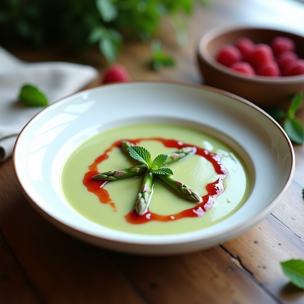 Crema de espárragos blancos suculenta en plato hondo de porcelana blanca, coronada con puntas de espárrago al vapor y un hilo brillante de vinagreta de frambuesa rosada. Fondo borroso con servilleta de lino y pan tostado.