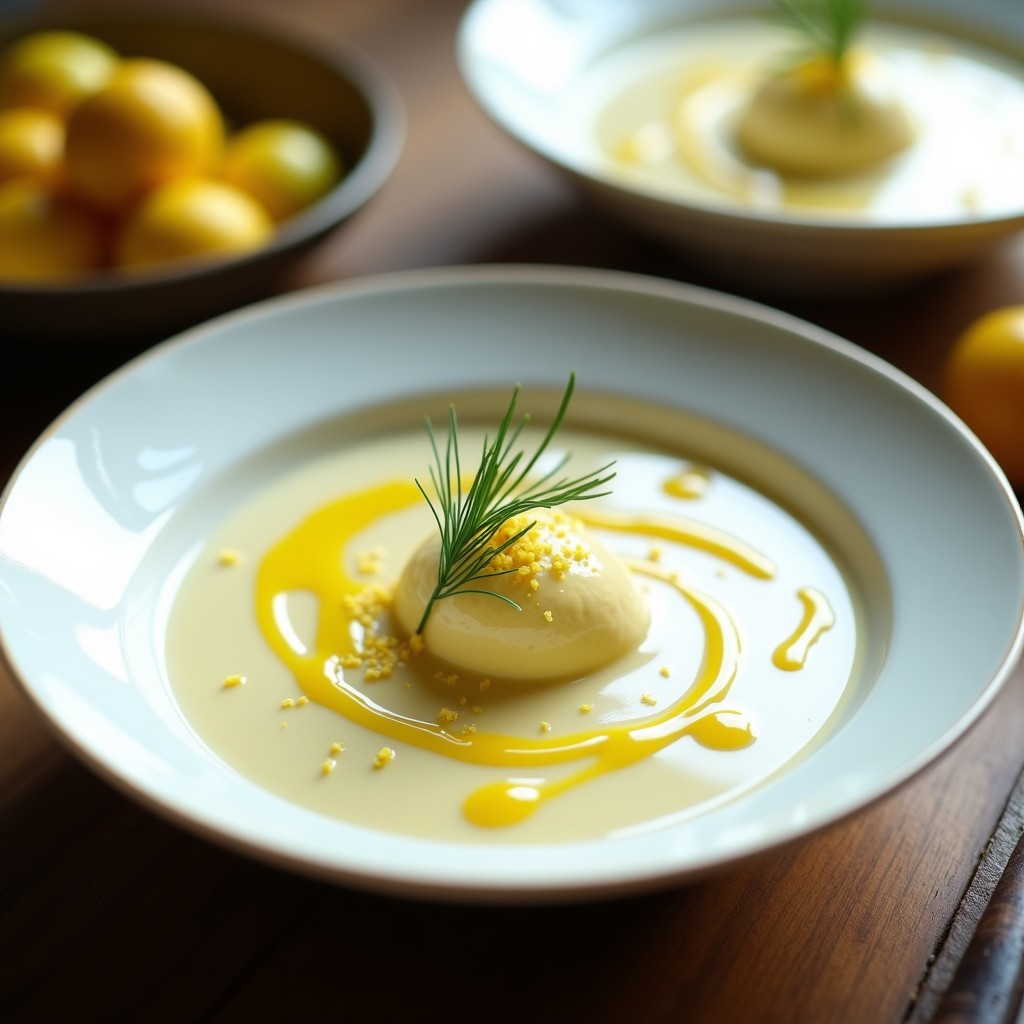 Plato hondo de porcelana blanca con crema de espárragos blancos suave y brillante, decorada con puntas de espárragos, hojas de menta fresca, almendras tostadas y un hilo dorado de vinagreta de limón y aceite de oliva. Fondo neutro con luz natural que resalta los colores verdes y amarillos del plato.