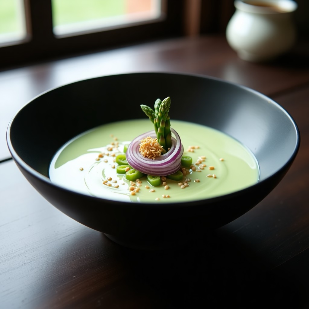 Crema de espárragos blancos y wasabi servida en cuenco negro, con crujiente de cebolla morada dorada y semillas de sésamo tostadas, receta Thermomix elegante y sofisticada.