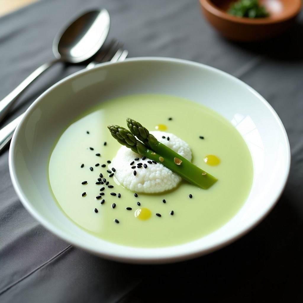 Plato hondo de porcelana blanca con crema de espárragos blancos suave y brillante, coronada por una espuma de wasabi esponjosa de color verde claro. Decorada con puntas de espárragos al vapor, semillas de sésamo negro y un hilo de aceite de sésamo tostado. Fondo minimalista con mantel gris y cubiertos de acero inoxidable.
