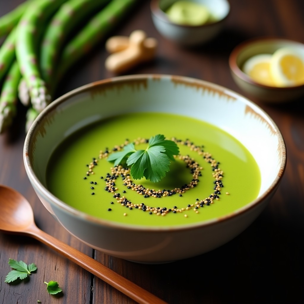 Cuenco blanco con crema de espárragos y guisantes de color verde brillante, decorada con cilantro fresco, hilo de aceite de oliva y semillas de sésamo. Plato vegano con toques picantes de wasabi, servido en mesa rústica de madera.