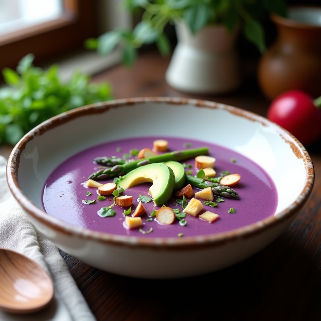 Cuenco hondo de cerámica blanca con crema de espárragos morados y almendras keto, decorada con puntas de espárragos morados cocidos, trozos de aguacate, germinados de rábano y almendras tostadas. Fondo de mesa de madera rústica con servilleta de lino y cuchara de madera.