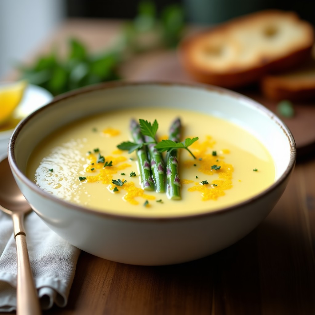 Cuenco hondo de cerámica blanca con crema de espárragos blancos y patata de color crema, decorada con puntas de espárragos, ralladura de limón y perejil picado. Fondo de mesa rústica con pan tostado y hilo de aceite de oliva.