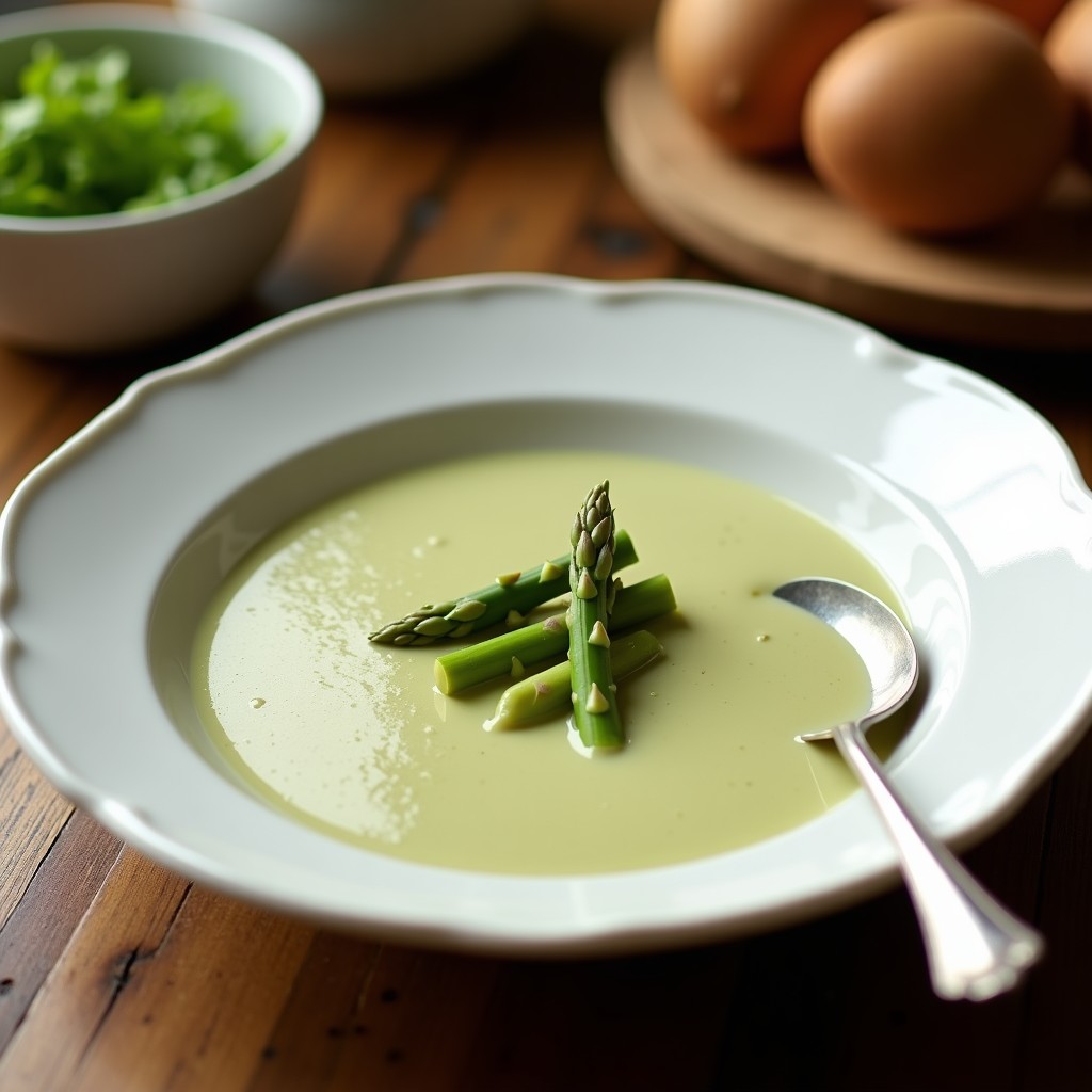 Cuenco blanco con crema de espárragos trigueros de color verde claro, decorada con hilo de aceite de oliva, almendras fileteadas tostadas y puntas de espárrago verdes, receta en airfryer sin aceite.