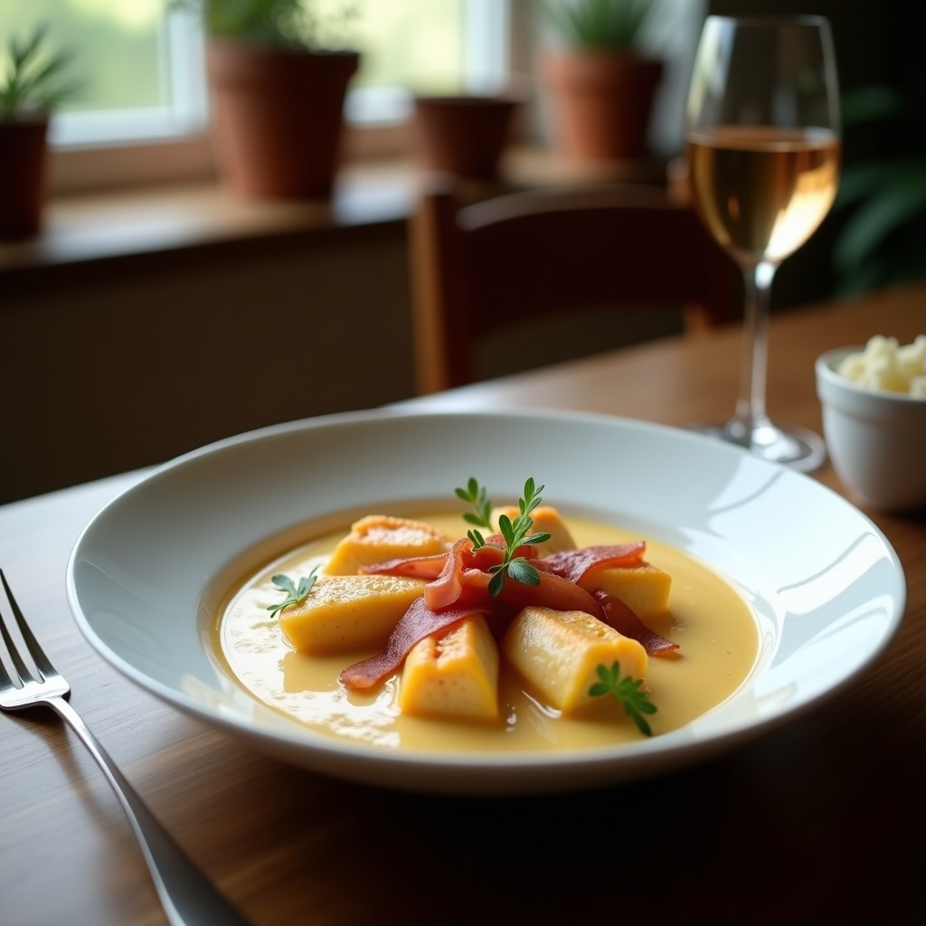 Crema de espárragos trigueros con queso azul y crujiente de jamón en un plato blanco