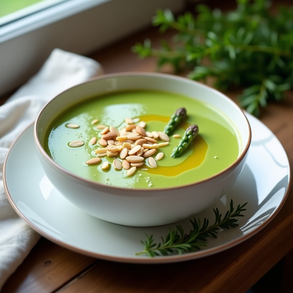 Cuenco blanco con crema de espárragos trigueros vegana, espolvoreada con almendras trituradas y decorada con puntas de espárrago y un hilo de aceite de oliva.