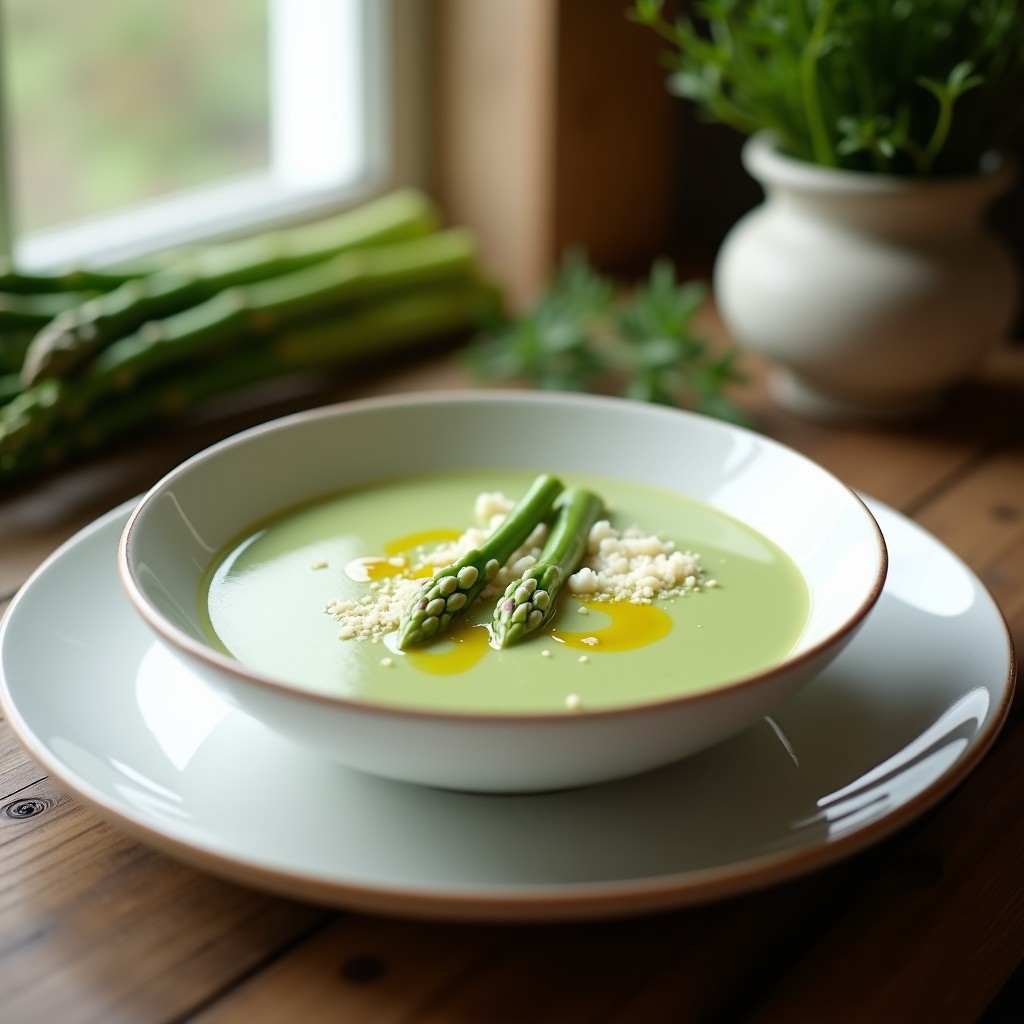 Cuenco blanco con crema de espárragos trigueros de color verde claro, decorada con puntas de espárrago, virutas de queso parmesano y un hilo de aceite de oliva, sobre fondo rústico de madera.