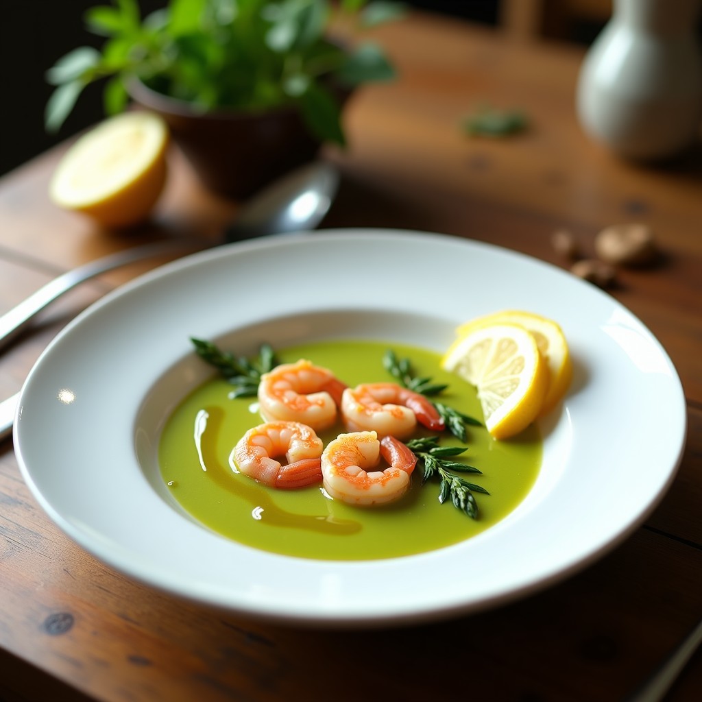 Plato hondo blanco con crema de espárragos trigueros de color verde vibrante, coronada con gambas rosadas y un hilo de aceite de oliva, receta en airfryer.