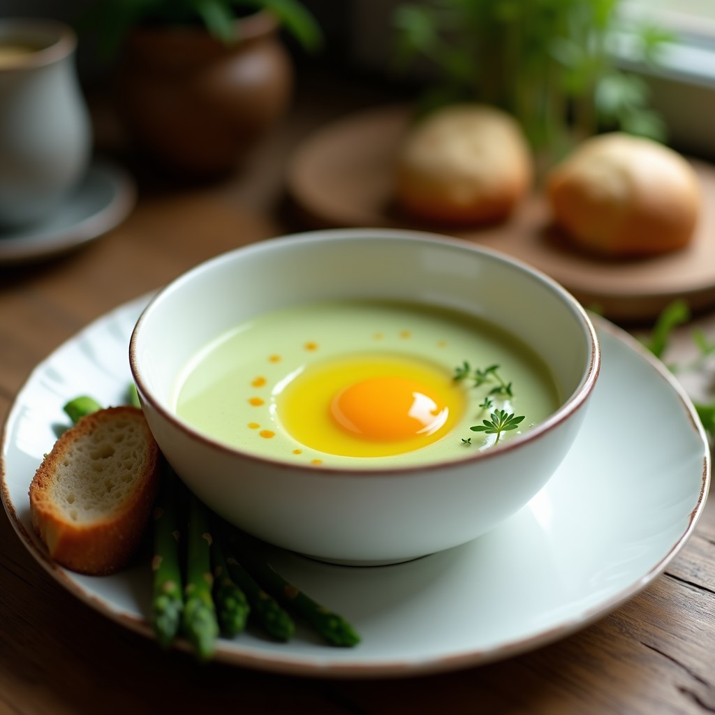 Cuenco blanco con crema de espárragos trigueros de color verde claro, coronada con una yema de huevo líquida y un hilo de aceite de oliva. Acompañada de una rebanada de pan crujiente y unas puntas de espárrago al vapor.