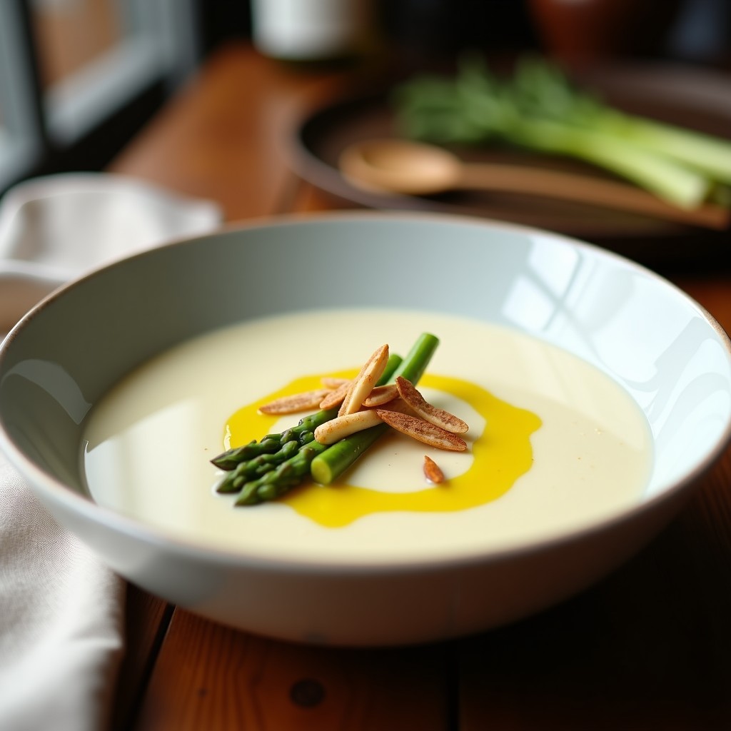 Cuenco de cerámica blanca con crema de espárragos blancos sedosa, decorada con aceite de trufa negra en zigzag, almendras fileteadas tostadas y puntas de espárragos al dente. Fondo de mesa de madera rústica con servilleta de lino beige.