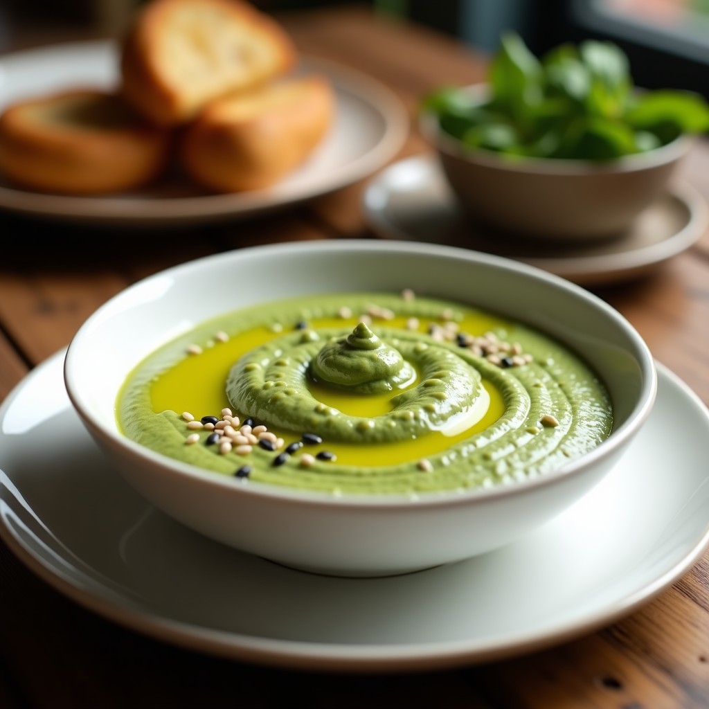 Cuenco blanco con crema de espinaca y alcachofa en airfryer, de color verde intenso y textura sedosa, decorada con semillas de sésamo y un hilo de aceite de oliva, sobre fondo rústico de madera.